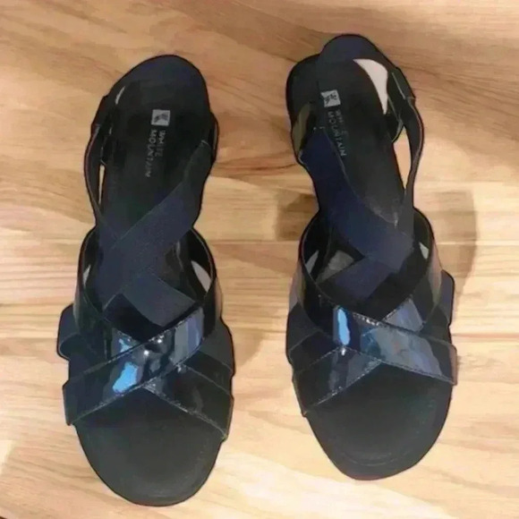 White Mountain black Patent-look slip-on sandals size 8M. 2” heels. - Picture 1 of 6